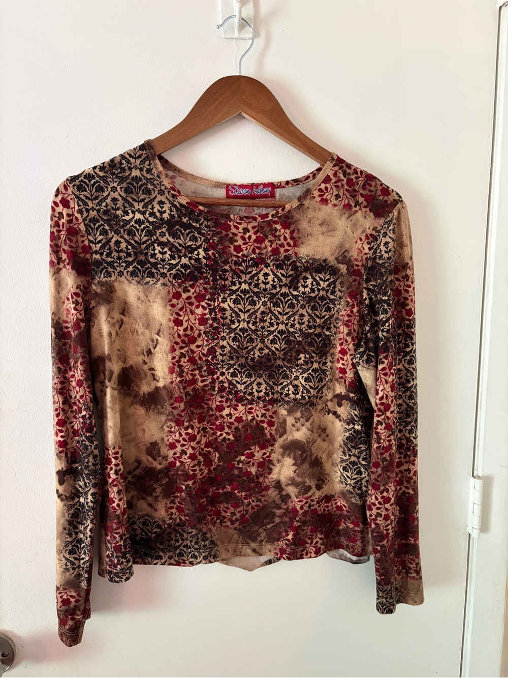 Whimsy Goth Long Sleeve Floral Velvet Top in Burgundy and Tan